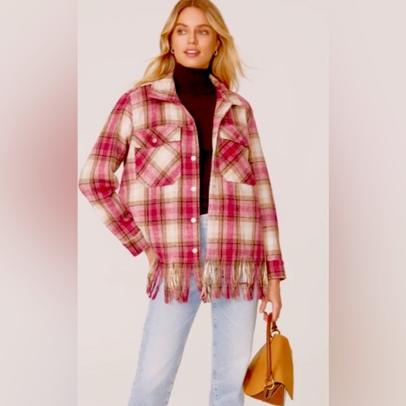 Blank NYC Shirt Jacket Plaid Shacket fringe hemline in pink brown colors Size M - Picture 1 of 14